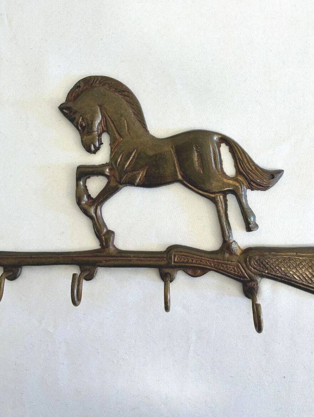 Vintage Brass Horse Key Hook, 4 Hook Wall Rack with Horse & Rifle Western Design